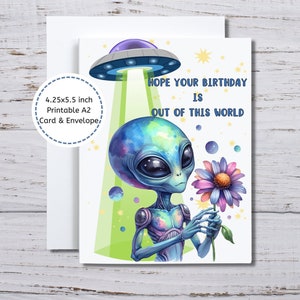 Alien verjaardagskaart, niet van deze wereld, UFO verjaardagskaart, verjaardagskaart om af te drukken, voor hem, voor haar, buitenaards, DIY ruimteschip kaart
