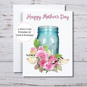 Tarjeta del Día de la Madre Mason Jar, Tarjeta para mamá, Día de la Madre Blue Jar, Tarjeta imprimible para mamá, para ella, Tarjeta DIY para imprimir para el Día de la Madre, Mamá