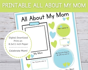 All About My Mom Printable, Mothers Day Printable, All About Mom From Child, My Mom Questionnaire, Fill in the Blank About Mom, About Mom