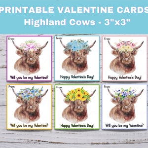 Tarjetas de San Valentín con vacas de las Highlands, tarjetas de San Valentín con vacas de las Highlands para imprimir, tarjetas de San Valentín para imprimir para niños, tarjetas de San Valentín para el aula, vacas de las Highlands