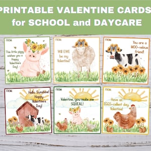 Farm Animals Valentine Cards, Printable Valentine Cards for School, Classroom Valentines, Farm Animal Valentine, Farm Theme Valentine Cards