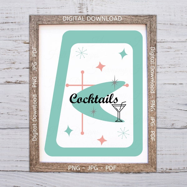 MCM Cocktails Sign PNG, Mid Century Modern Cocktails Printable Wall Decor, MCM Cocktails Sublimation, Mid Century Atomic Boomerang and Stars