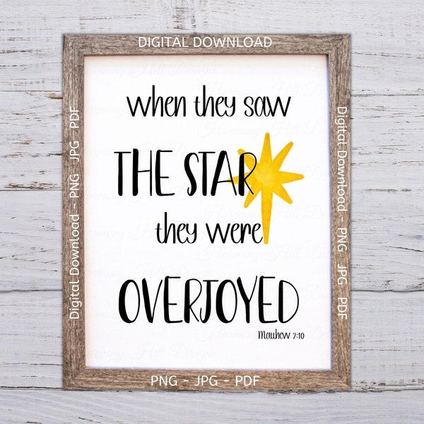 Bethlehem Star Print, Christmas Star Printable, Christian Christmas Decor, Matthew 2:10, Christmas Bible Verse, Bethlehem Star Wall Decor