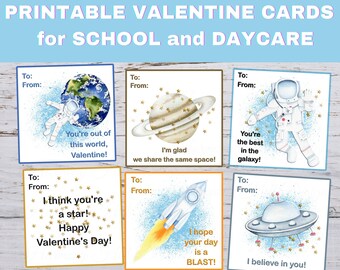 Biglietti di San Valentino spaziali per la scuola, biglietti di San Valentino stampabili, biglietti di San Valentino per la classe, biglietto di San Valentino con astronauti, biglietto di San Valentino con astronavi