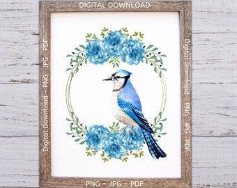 Blue Jay Printable, Blue Jay Print, Blue Jay Decor, Blue Jay Bird Wall Art, Blue Jay and Flowers, Bird Floral Art, Bluejay Printable Art