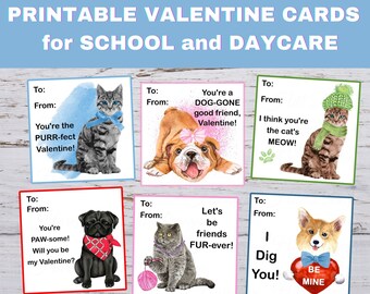Dog Cat Valentine's Day Cards for School, Printable Valentine Cards, Classroom Valentine Cards, Kitten Valentine Card, Puppy Valentine Card