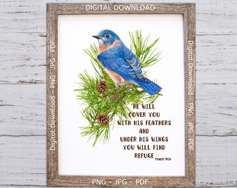 Bluebird Printable, Psalm 91 Wall Art, Christian Decor, Christian Bluebird Print, Bluebird Wall Decor, Écriture Home Decor, Bible Verse Art