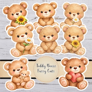 Fussy Cuts, Teddy Bears, Junk Journal Cut Aparts, Printable Ephemera Paper Craft, Collage Sheet, Baby Book, Baby Shower, New Parents