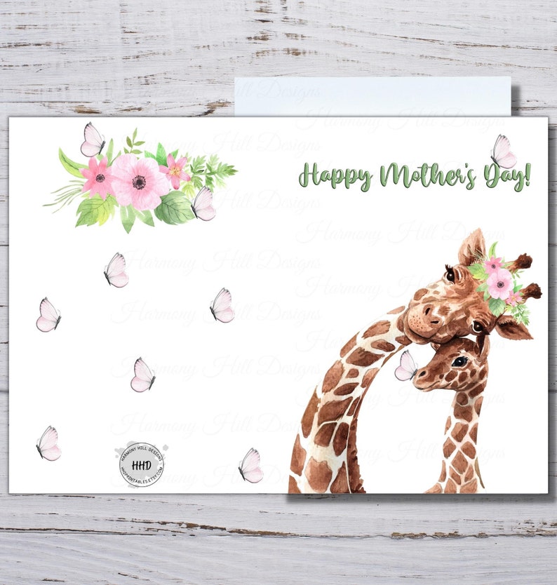 Giraffe Mothers Day Card, Printable Giraffe Card, Giraffe Mom and Baby, Card and Envelope ...