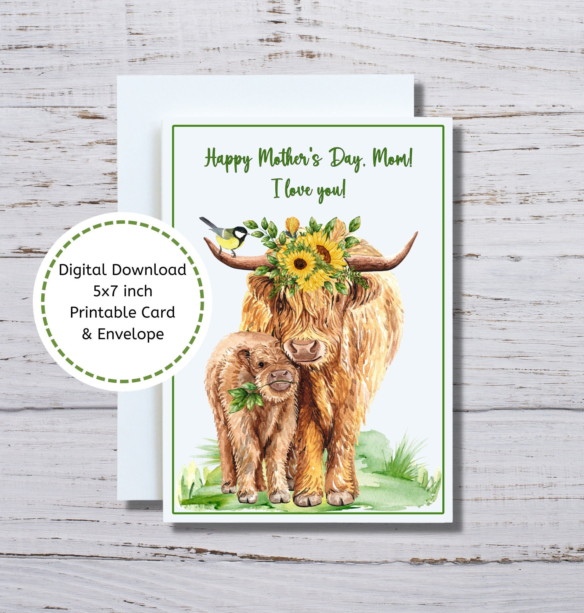 Muttertags- Oder Geburtstagskarte Mit Highland Cow – „If Mothers Were Flowers I’d Pick You“