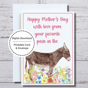 Cartão engraçado do dia das mães, cartão para impressão, cartão de burro, cartão para impressão do dia das mães, cartão e envelope, cartão punny do dia das mães, cartão para a mãe