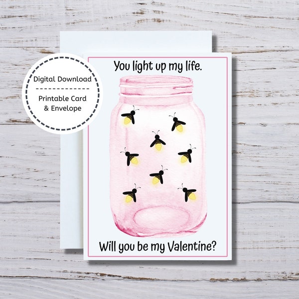Fireflies Valentine, Lightning Bugs Valentine Card, 5x7 Printable Card, Printable Valentine, You Light Up My Life, Firefly Valentine Card
