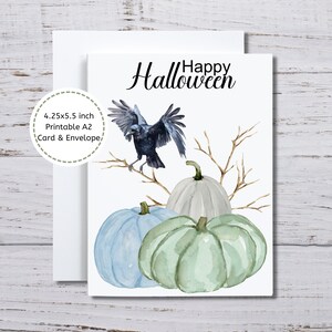 Carte de corbeau d’Halloween, carte de vœux d’automne, carte d’Halloween imprimable, citrouilles et corbeau, carte de note de corbeau, carte d’Halloween de citrouille bleue, carte de corbeau