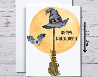 ハロウィン カード、魔女の帽子をかぶったほうき、ハッピー ハロウィン