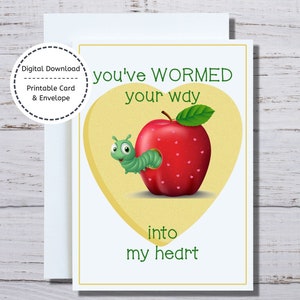 Carta Apple, Carta stampabile 5x7, Mela con carta verme, Ti sei fatto strada nel mio cuore, San Valentino di mele, San Valentino dell'insegnante, Carta dell'insegnante