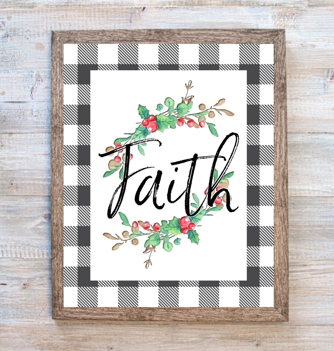 Faith Printable, Faith Plaid Background With Holly Wall Art, Christian ...