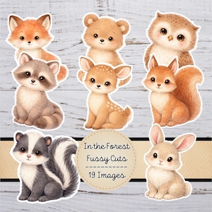 May include: A collection of nine adorable forest animal illustrations, including a fox, bear, owl, raccoon, deer, squirrel, skunk, and rabbit. The image includes the text "In the Forest Fussy Cuts 19 Images."