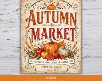 Autumn Market Sign Printable, Rustic Fall Print, Fall Wall Art Decor, Farm Market Sign to Print, Ready to Print Clipart