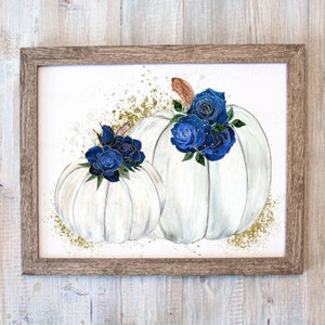 White Pumpkins Wall Art, White Pumpkins Print, White Pumpkin Printable, White Pumpkin Sublimation, White Pumpkin with Blue Flowers Design