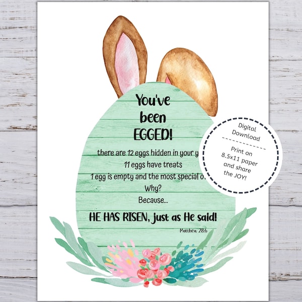 You've Been Egged, Christian Egged Sign, Matthew 28:6, Easter Sign, Printable You've Been Egged, Green You've Been Egged, Egged Design