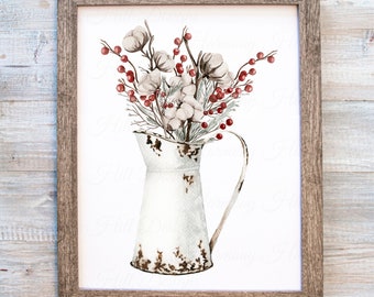 Cotton and Red Berries Printable, Cotton Wall Art, Cotton and Red Berries, Cotton Print, Rusty Pitcher with Cotton, Vintage Look Decor