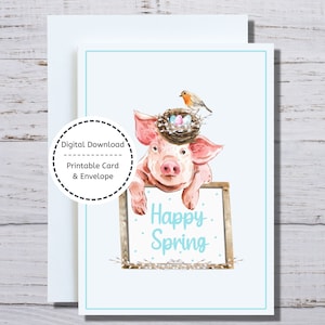 Happy Spring Card, afdrukbare kaart, varken notitiekaart, varken afdrukbare kaart, varken kaart, kaart en envelop, lente kaart om af te drukken, lente varken kaart