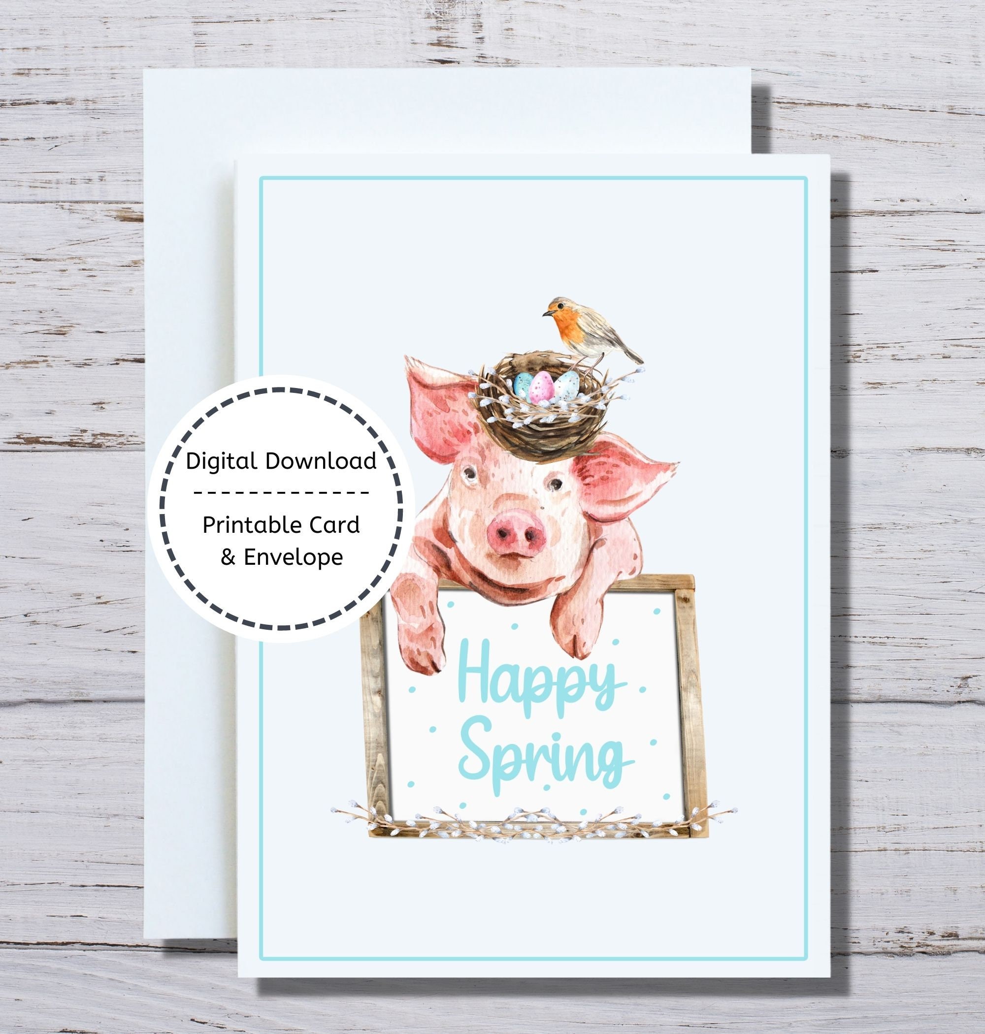 Happy Spring Card, Printable Card, Pig Note Card, Pig Printable Card ...