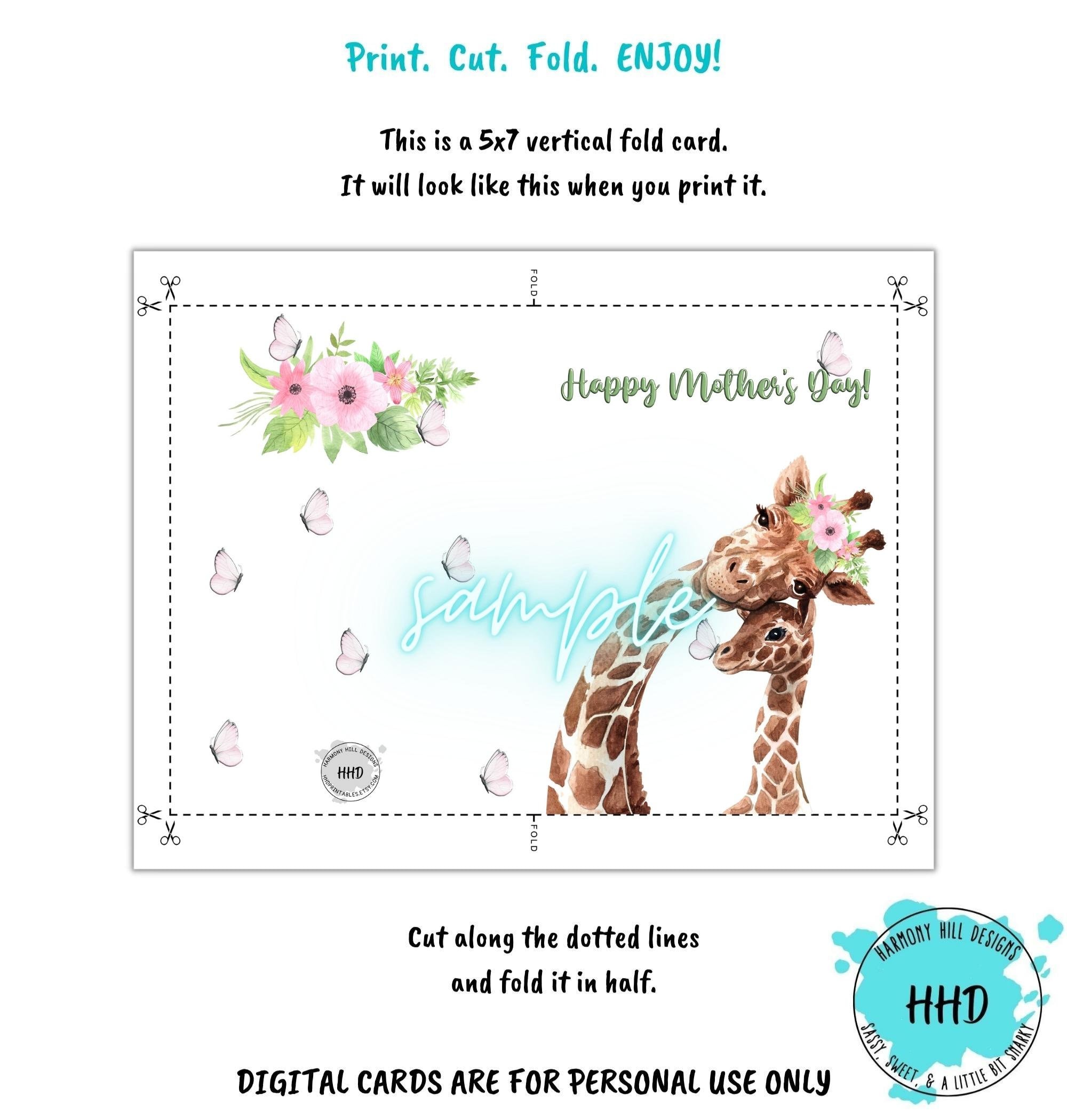 Giraffe Mothers Day Card, Printable Giraffe Card, Giraffe Mom and Baby, Card and Envelope ...