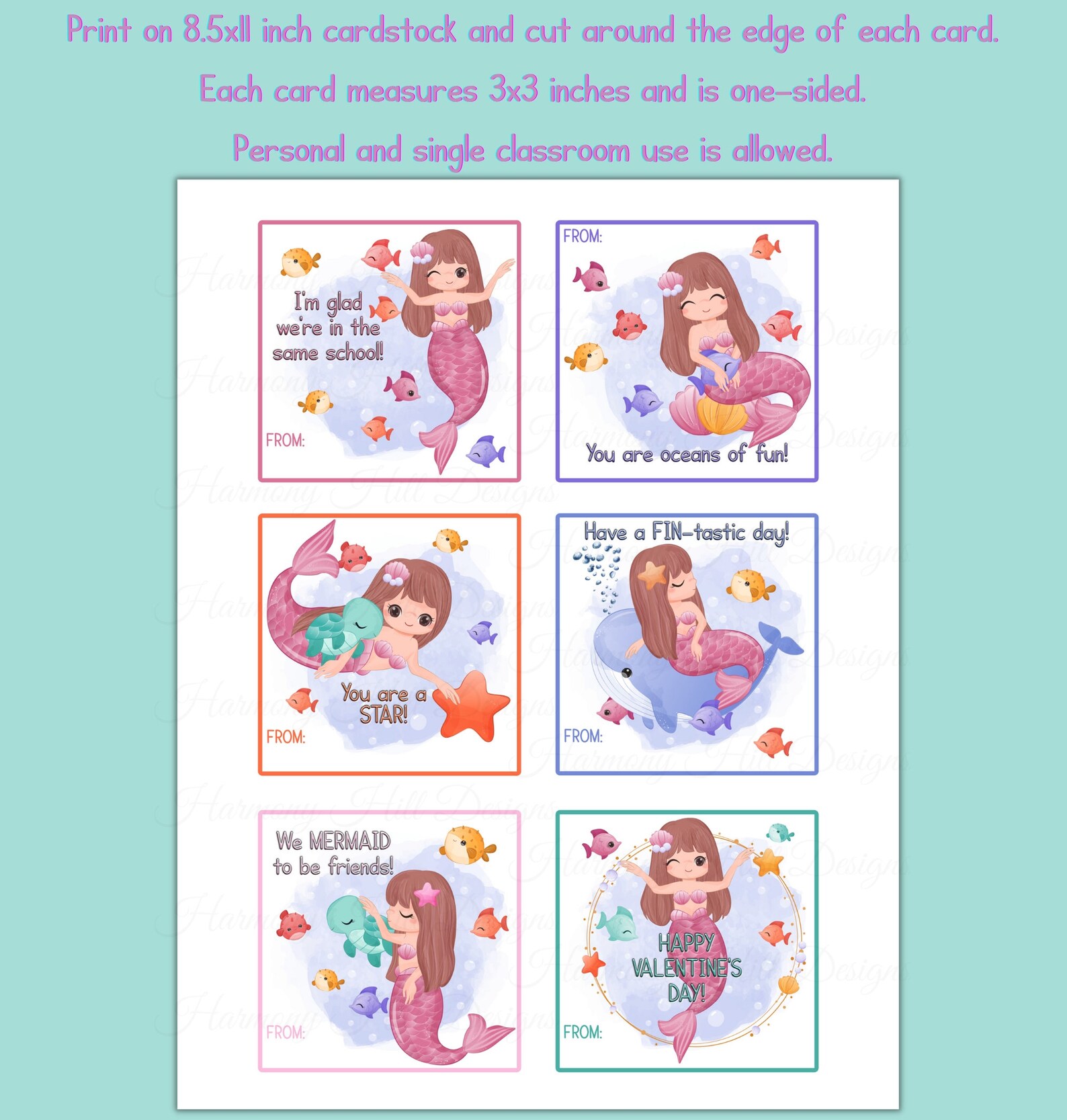 Mermaid Valentine Cards, Printable Mermaid Valentines, Printable ...