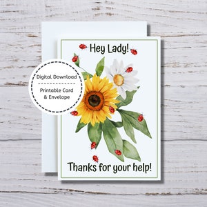 Grazie per avermi aiutato, Biglietto stampabile, Biglietto di ringraziamento, Biglietto coccinelle, Biglietto stampabile di amicizia, Biglietto e busta, Biglietto con fiori di ringraziamento