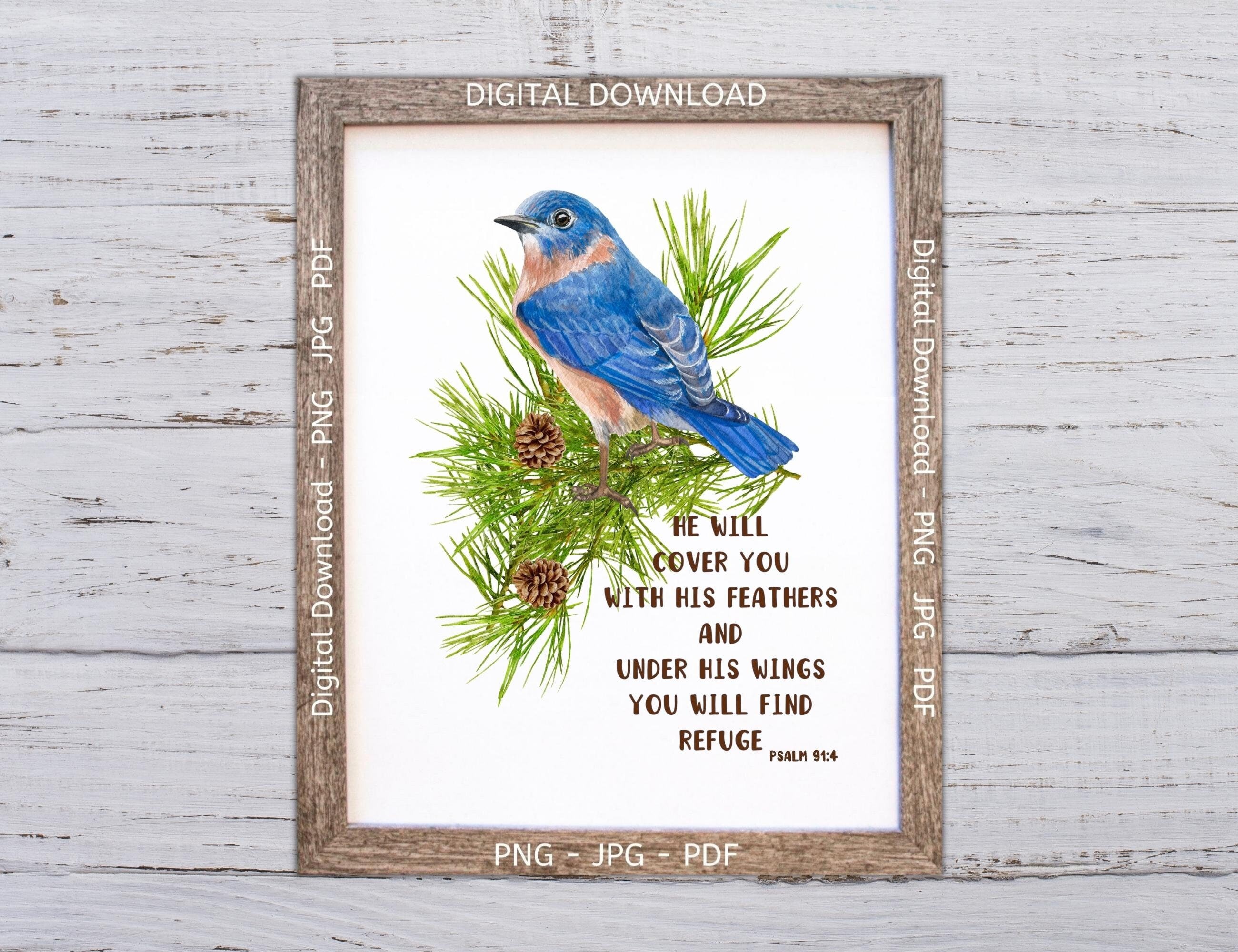 Bluebird Printable, Psalm 91 Wall Art, Christian Decor, Christian