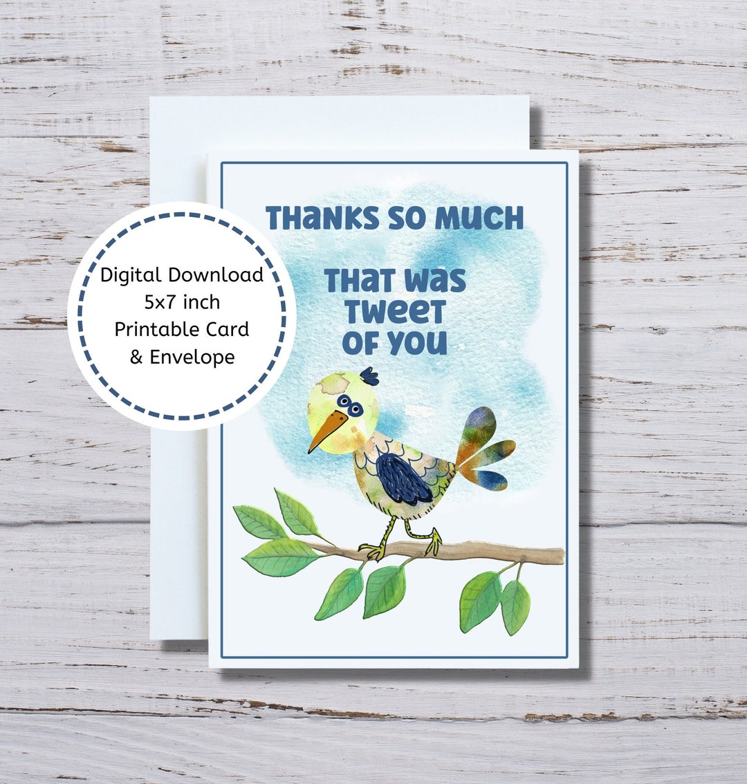 Thank You Card, Printable Thank You Card, Bird Thanks Card, Bird Tweet ...