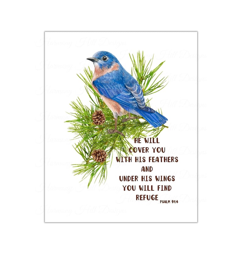 Bluebird Printable, Psalm 91 Wall Art, Christian Decor, Christian