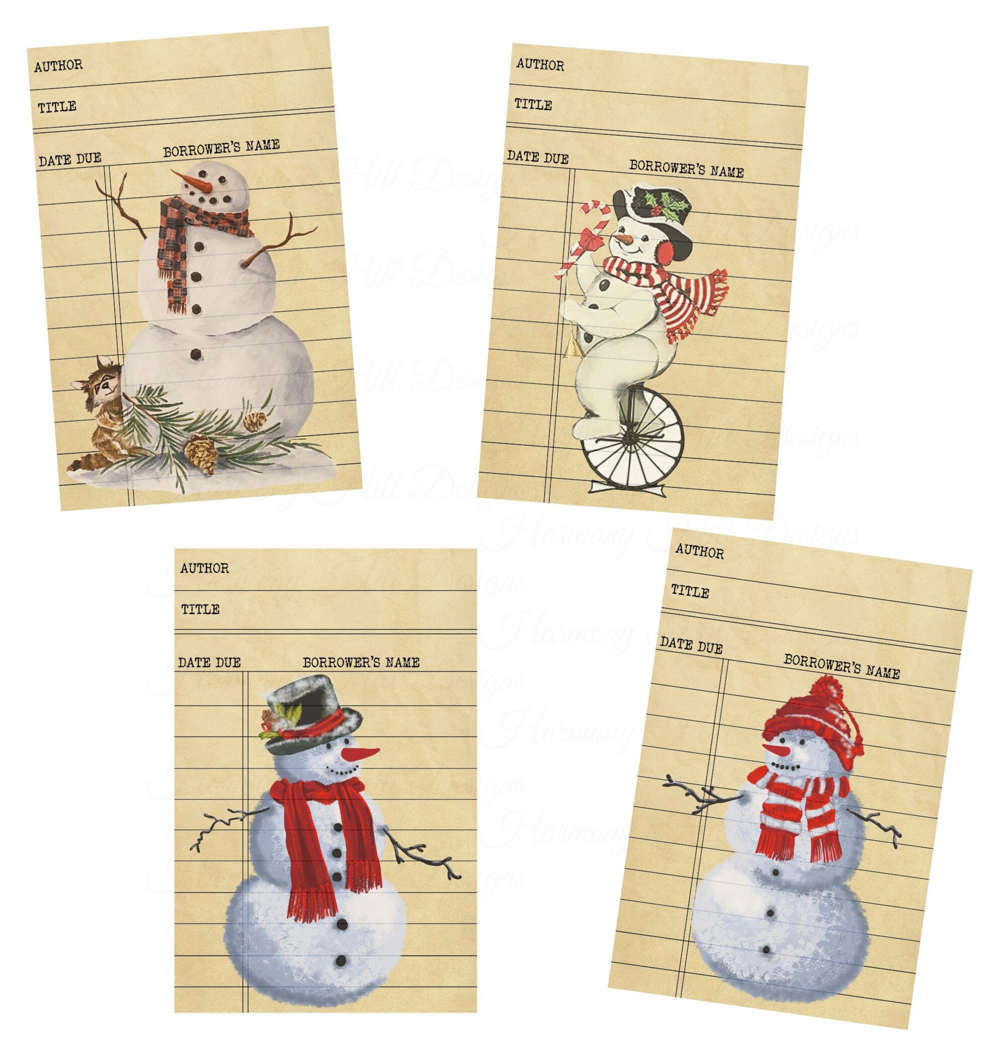 Snowman Library Cards Printable, Retro Snowman Library Cards, Vintage ...