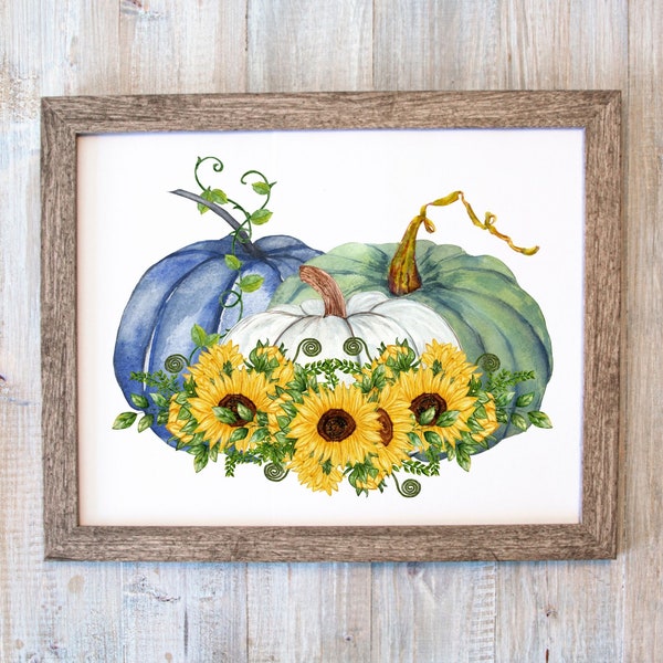 Pumpkins Wall Art, Pumpkins Print, Pumpkins Printable, Sunflowers Wall Art, Fall Sublimation Design, Colorful Pumpkins, Blue Pumpkin Decor