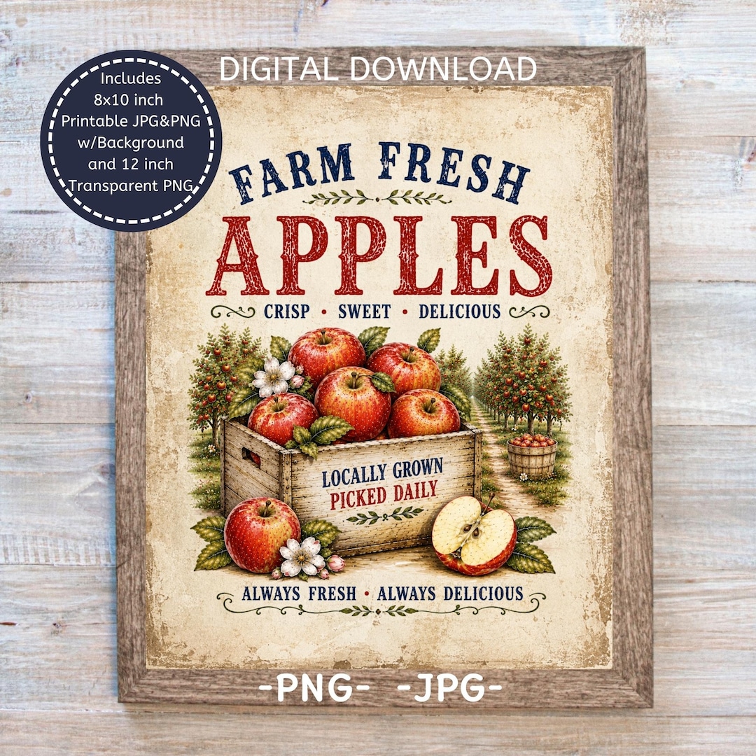 Rustic Apple Sign Printable, Farm Fresh Apples, Fall Wall Art, Autumn ...