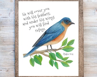 Bluebird Art, Bluebird Printable, Wall Art, Bluebird Decor, Art de l'Écriture, Téléchargement numérique chrétien, 8 x 10, Psaume 91 : 4, Verset de la Bible, Cadeau
