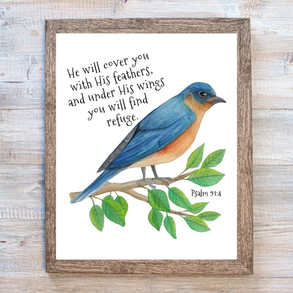 Bluebird Art, Bluebird Printable, Wall Art, Bluebird Decor, Scripture Art, Christian Digital Download, 8x10, Psalm 91:4, Bible Verse, Gift