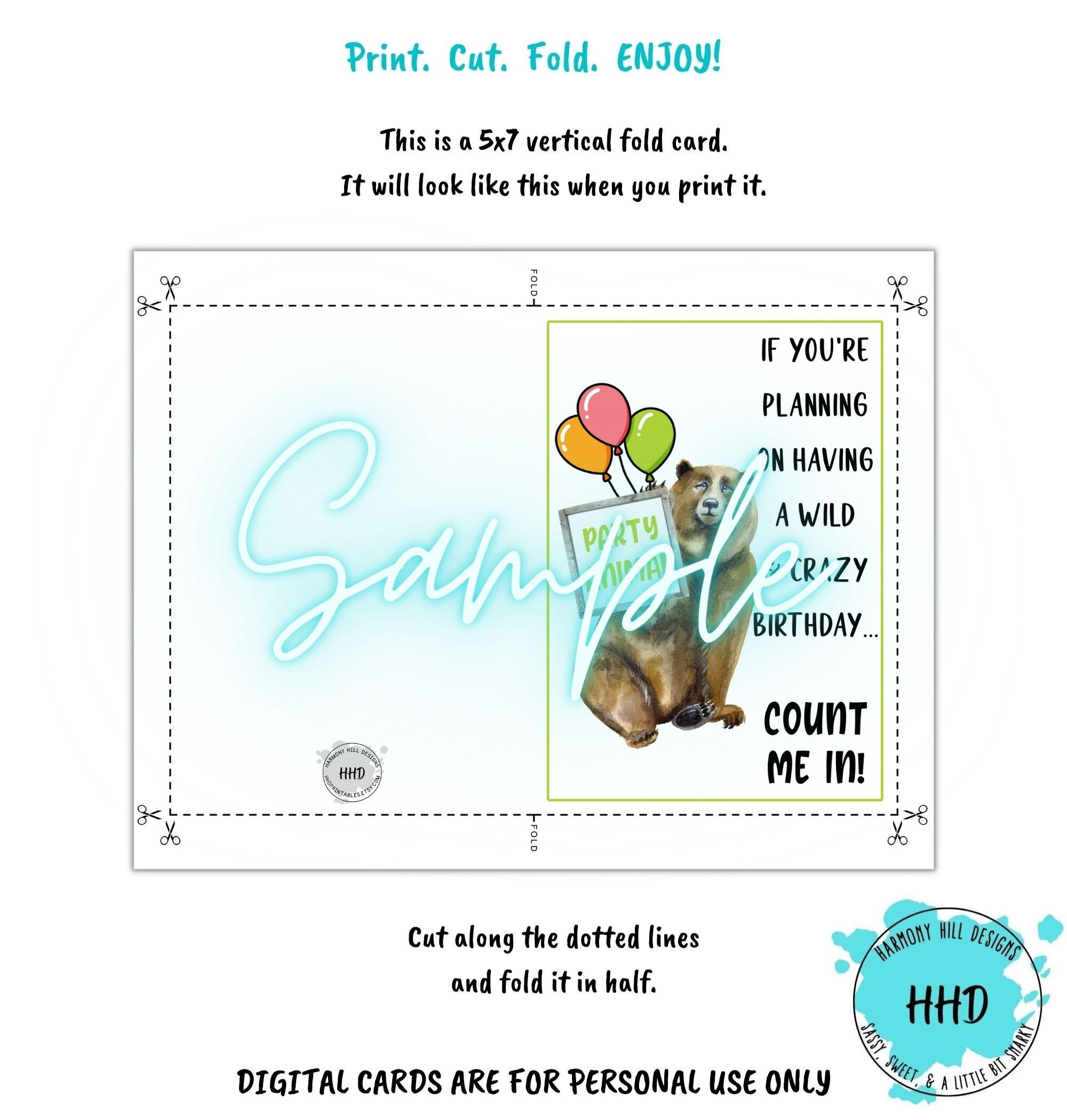 Bear Birthday Card, Printable Card, Party Animal Card, Funny Birthday ...