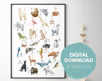 Animals ABC Poster - Alphabet Print - Watercolor Animals Poster - Montessori Poster - Kids Learning Animals Preschool Materials Classroom