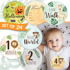 Animals Baby Milestone Stickers Set of 24 - Newborn Baby Shower Gift Monthly Milestone Discs - Hello World Newborn Gift Pregnancy Stickers