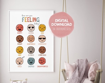 Emotion Chart Poster for Kids - Classroom Print Homeschool and Back to School Kids Educational Wall Art Calming Corner Mental health art