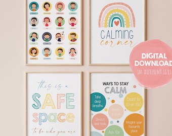 Set of 4 - Calming Corner - Feelings Chart - Feelings Print - Montessori Emotions - Kids Mental Health Coping Strategies Classroom Wall art