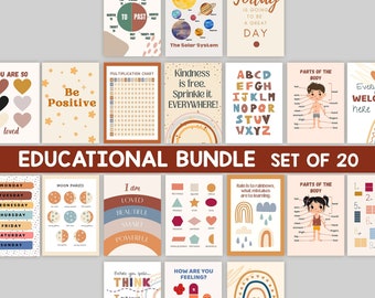 Set of 20 - Boho Educational Posters Set For Playroom - Classroom Poster Homeschool Print Back to School Educational Wall Art Calming Corner