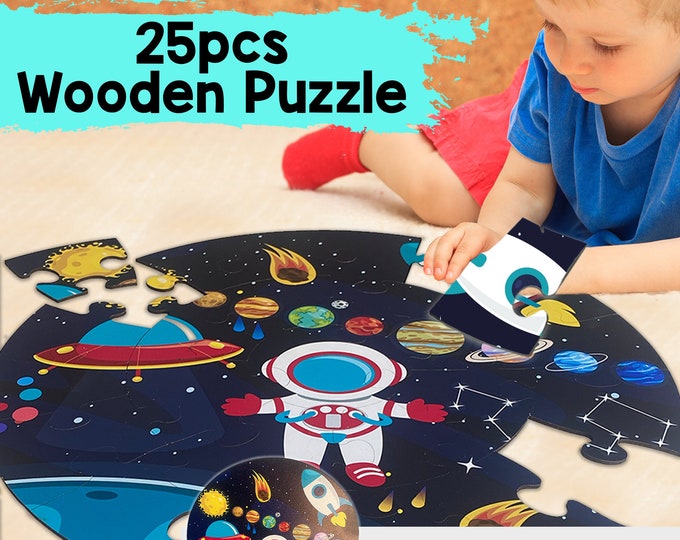 Wooden Floor Puzzle XL Space Themed Toddler Puzzle - 16,5" Preschool Toddlers Astronaut Puzzle- Learning Planets and Solar System