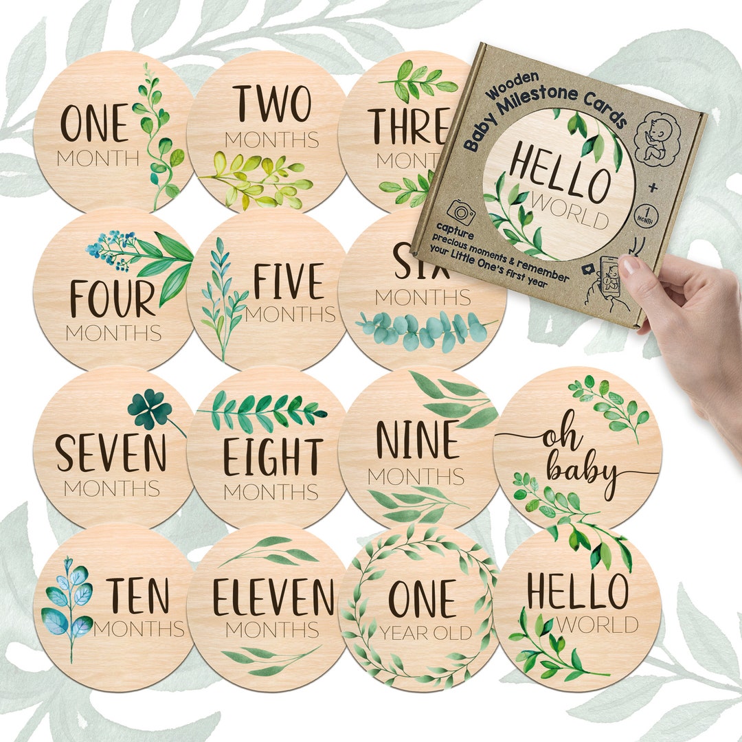 Helloworld Milestone Wooden Milestone Cards Green Leaves Baby Wooden Circles - Neutral ...