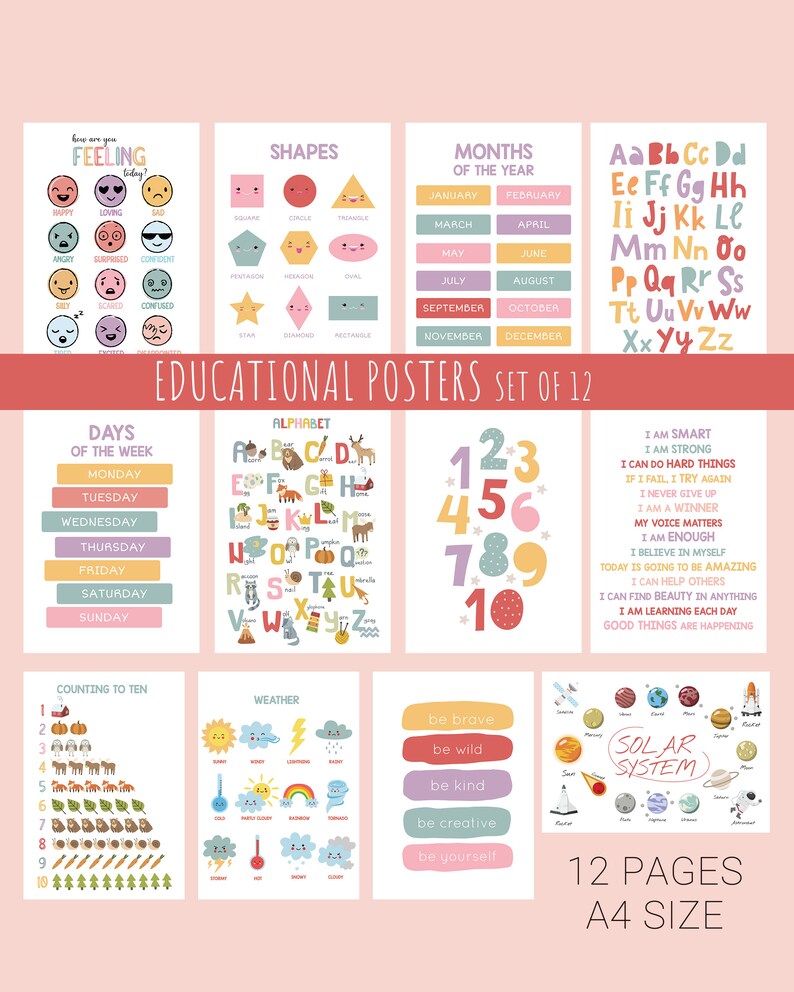 May include: Set of 12 educational posters, A4 size, featuring colorful illustrations. Includes posters for feelings, shapes, months, alphabet, days of the week, numbers, counting, weather, affirmations, and solar system. The posters are designed for educational purposes.
