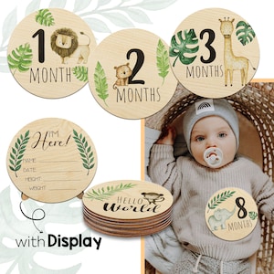 Safari Animals Wooden Milestone Cards Baby Wooden Circles - Newborn Baby Shower Gift Monthly Wooden Discs Hello World Milestone Pregnancy