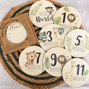 Safari Animals Wooden Milestone Cards Baby Wooden Circles - Newborn Baby Shower Gift Monthly Wooden Discs Hello World Milestone Pregnancy