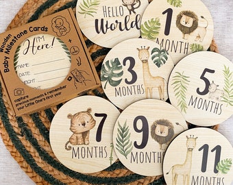 Safari Animals Wooden Milestone Cards Baby Wooden Circles - Newborn Baby Shower Gift Monthly Wooden Discs Hello World Milestone Pregnancy